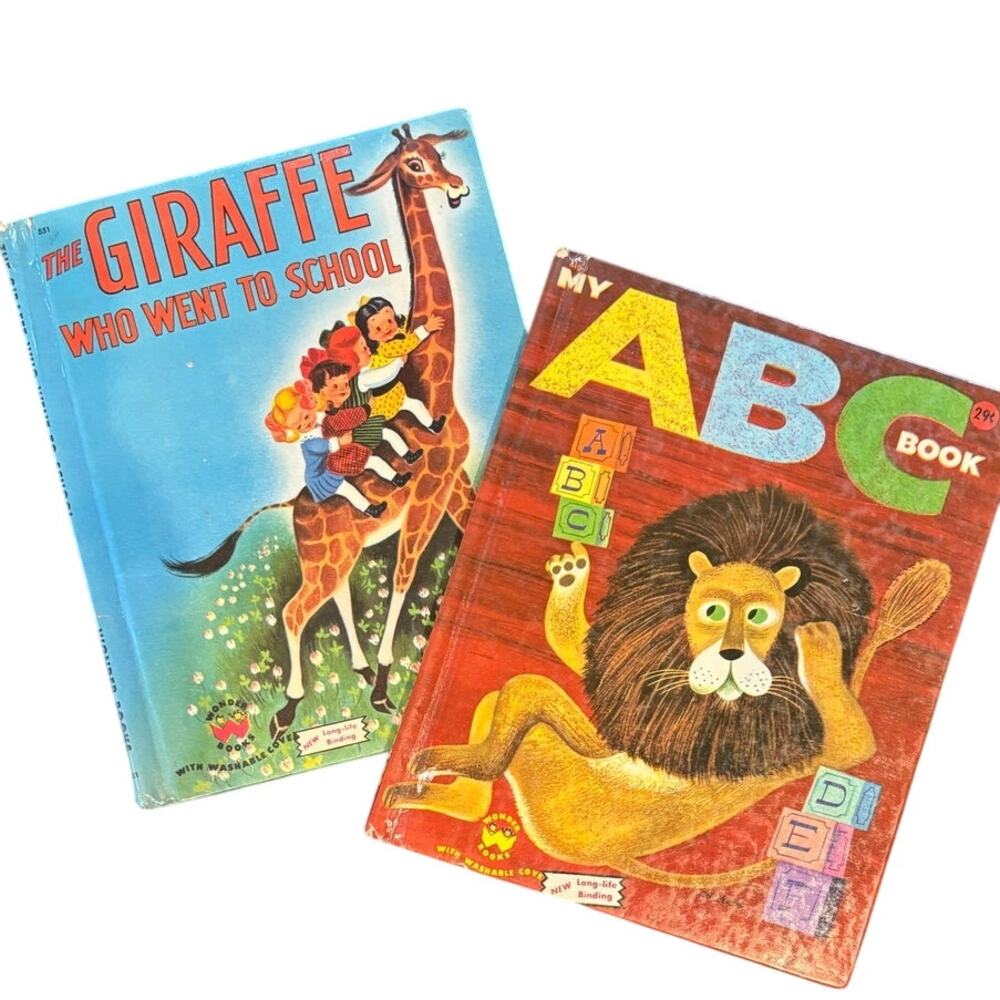VTG 1950's Lot of 2, ABC Book & Giraffe Who Went to School, Wonder Books